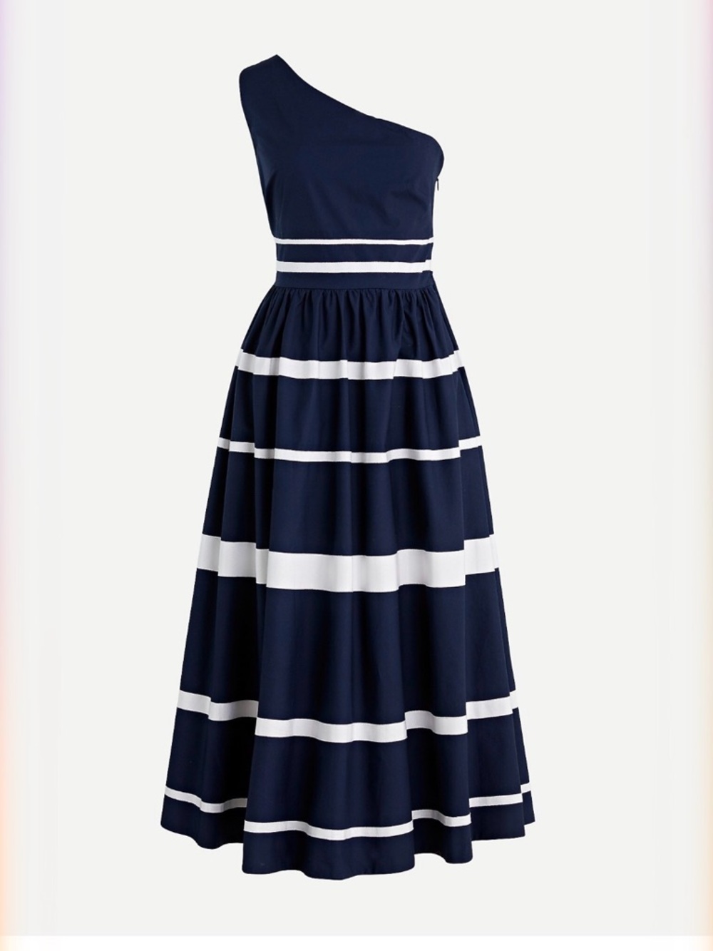 New with tags-never worn J. Crew Navy and White One-Shoulder Striped Midi Dress